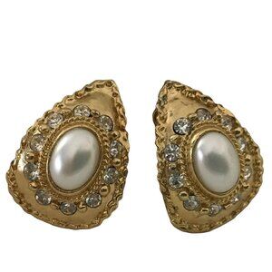Premier Designs Clip Earrings Faux Pearl Rhinestone Gold Tone Vintage 80s